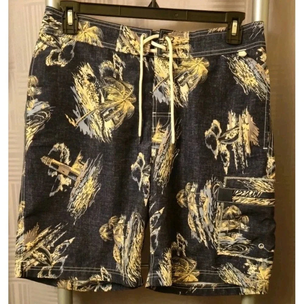 Lands' End Swim Trunks Mens M 32-34 Navy Blue Polyester Mesh Lined Shorts Tropic